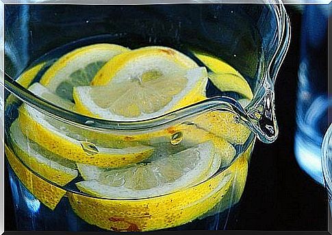 Carafe of water with pieces of lemons