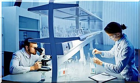 Two researchers in a laboratory who analyze the strains of the coronavirus